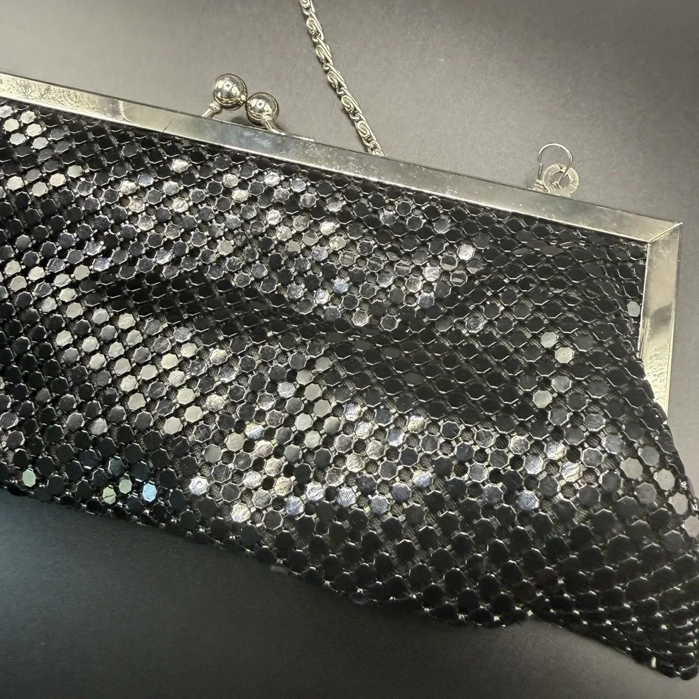 Vintage Black Metal Mesh Clutch/ Cocktail Purse With Silver Hardware/ Chain